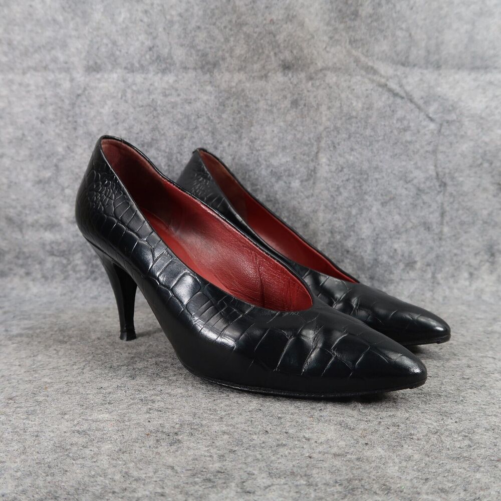 Paloma Shoes Womens 7.5 Pumps Fashion Classic Leather Croc Point Toe Black Italy